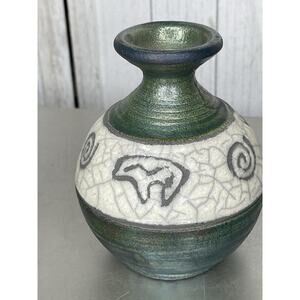 Vintage Raku Signed Pottery Vase Green Iridescent 5in Tall Animals Bears